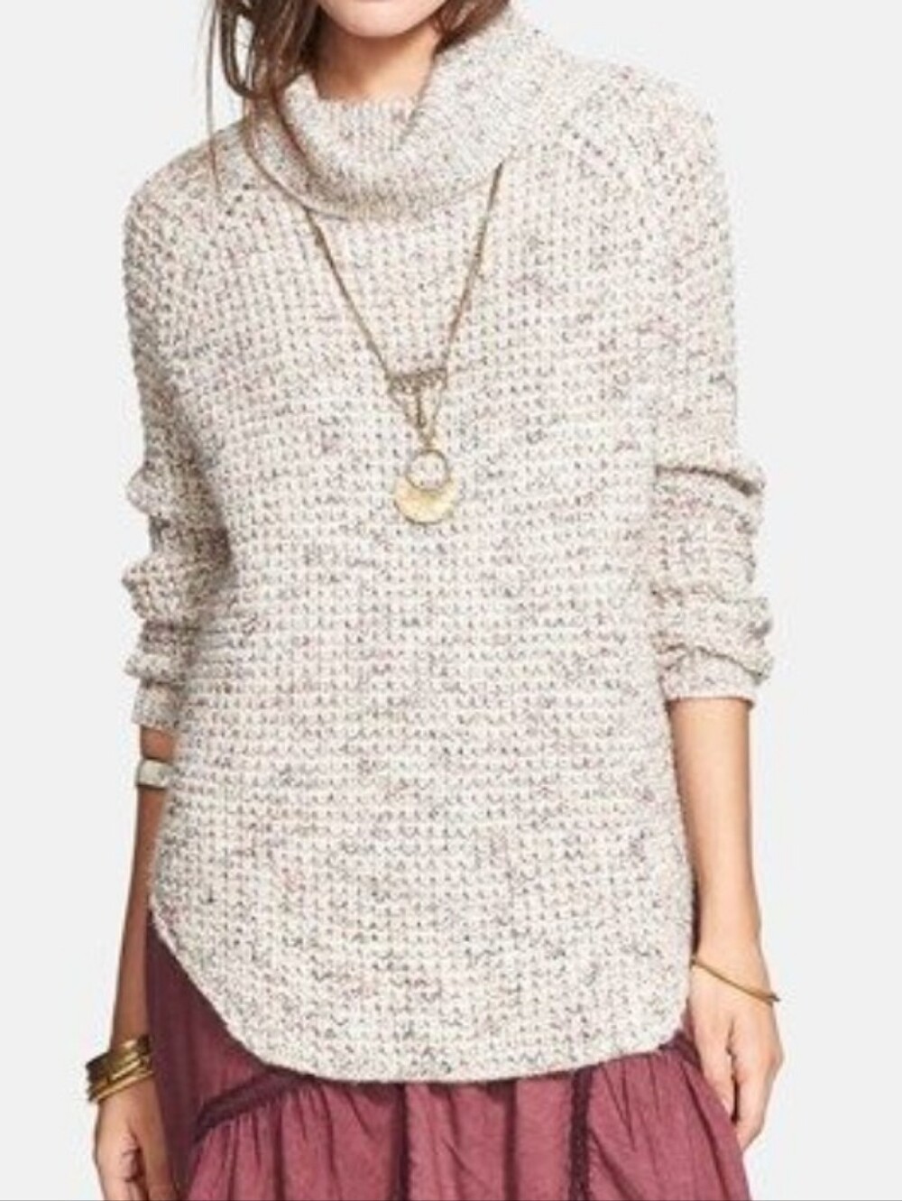 Free People Dylan Tweedy Wool Blend Chunky Waffle Knit Sweater XS